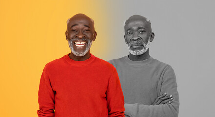 An older black man is smiling standing confidently against a striking yellow background. In...