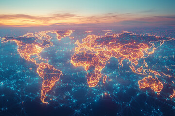 Global trade routes and maps with major hubs highlighted 