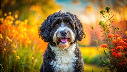 Fototapeta premium Portuguese Water Dog Lifestyle Portrait Colorful Natural Settings
