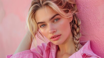 Attractive young blonde female model in pink outfit with braids hairstyle 
