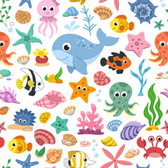 Obraz premium Childrens sea animals seamless pattern. Vector background with sea creatures, fish, seaweed and shells.