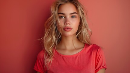 Blonde woman gen z model wearing tshirt looking at camera standing on color background. Face skin care cosmetics makeup