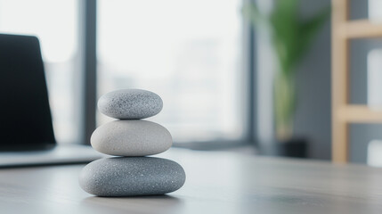 A calm office scene featuring Zen stones on a desk with a laptop in the background, highlighting a peaceful work environment and providing clean space for additional content. photo