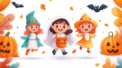 Three kids in colorful costumes enjoy Halloween festivities surrounded by pumpkins and falling leaves
