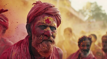 An elderly man, a grandfather, at the Holi festival in India, his face painted in bright colors.