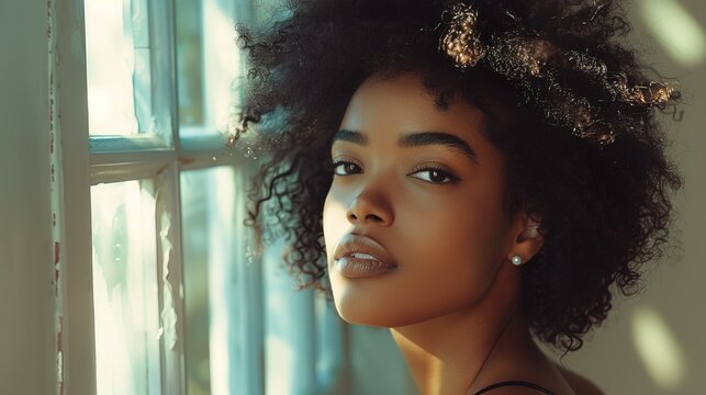 Luxury beautiful black woman model portrait natural background minimalistic, light come frow window
