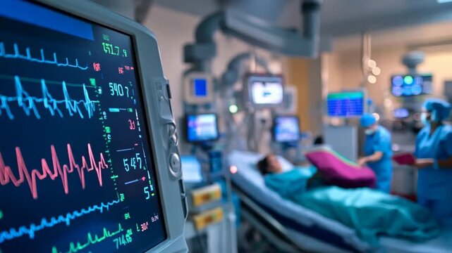 The ECG monitor in a busy ICU displays the heart rate of a critically ill patient while medical staff prepare for a life-saving intervention in the sterile environment