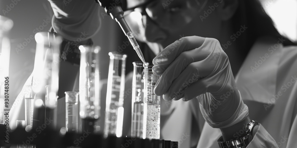 Poster a scientist holds a pipe in her lab coat, ready for experimentation