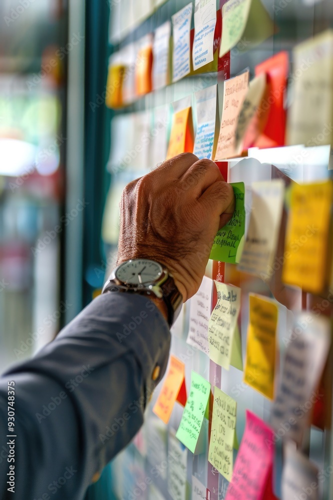 Aufkleber a person is pointing to a wall covered in colorful post-it notes, highlighting important points and 