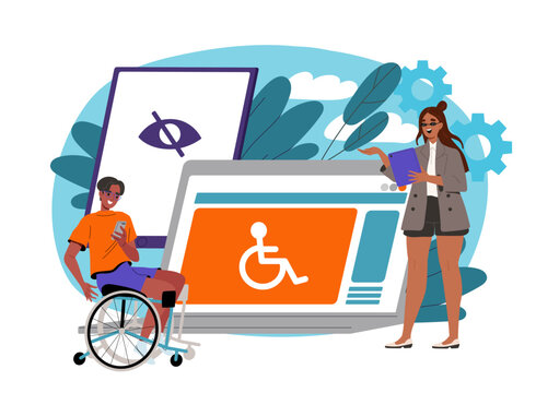 Content for people with disabilities. Boy on wheelchair near website page. Respect and responsibility towards minorities. Flat vector illustration isolated on white background