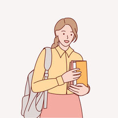 The girl is holding a book. Female student studying and preparing for exams. Hand drawn illustration.
