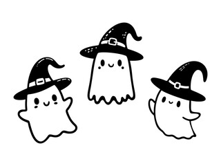 Cute outline ghosts in witch hat. Vector illustration.
