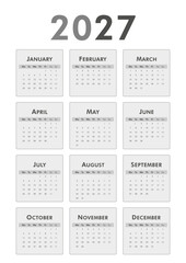 Black and white vertical classic calendar 2027 year. Week starts on Monday. Desk or wall calendar in minimalist style