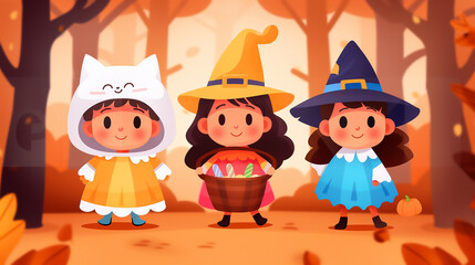 Fototapeta premium Three girls in whimsical costumes stroll through a vibrant autumn forest, showcasing colorful leaves and enjoying the festive spirit of Halloween