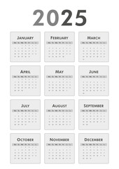 Black and white vertical classic calendar 2025 year. Week starts on Monday. Desk or wall calendar in minimalist style