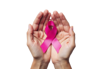 Two hands carefully holding a pink ribbon, symbolizing breast cancer awareness, against a transparent background