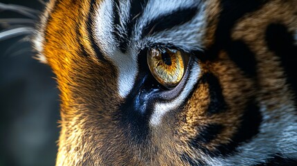 A close up of a tiger's eye with a black background