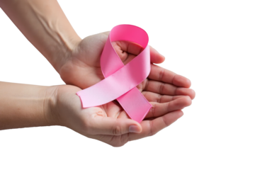 Two hands carefully holding a pink ribbon, symbolizing breast cancer awareness, against a transparent background
