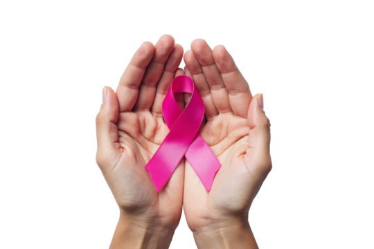 Two hands carefully holding a pink ribbon, symbolizing breast cancer awareness, against a transparent background - Powered by Adobe