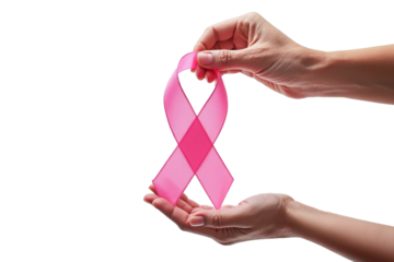 Two hands carefully holding a pink ribbon, symbolizing breast cancer awareness, against a transparent background