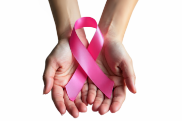 Two hands carefully holding a pink ribbon, symbolizing breast cancer awareness, against a transparent background