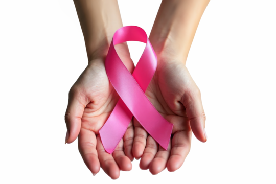 Two hands carefully holding a pink ribbon, symbolizing breast cancer awareness, against a transparent background