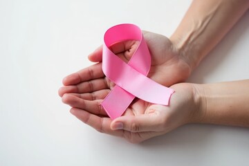 Adult hands cradle a pink ribbon, the universal symbol for breast cancer awareness, on a bright white background, promoting support and advocacy