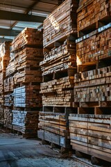 Fototapeta premium A large warehouse filled with many wooden planks stored on shelves