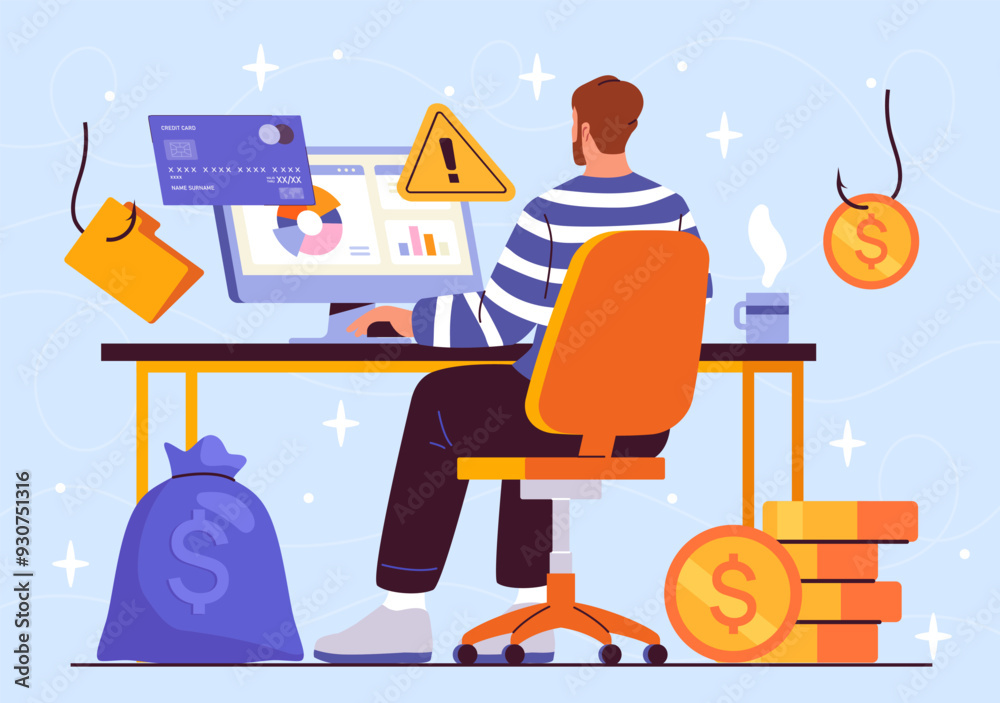 Poster man with database security. young guy sits at computer near bank card and gold coins. internet safet