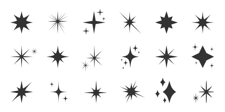 Abstract Twinkle Sparkle stars icons collection. Spark asterisk shapes set. Black silhouette. Starburst Bling magic shine effect. Simple retro style Element for card, banner, icon, logo, poster design