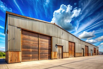 Fototapeta premium Rustic, industrial-style warehouse with corrugated metal walls, worn wooden doors, and a large loading dock, set against a bright blue sky with puffy white clouds.