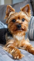 A small dog laying on top of a couch