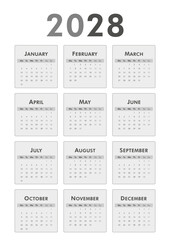 Black and white vertical classic calendar 2028 year. Week starts on Monday. Desk or wall calendar in minimalist style
