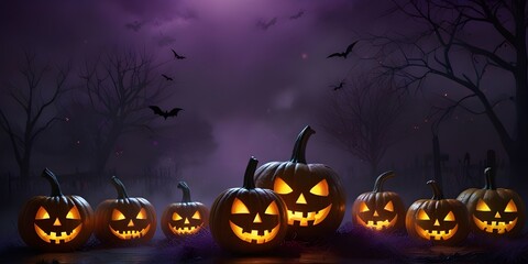 Halloween background with jack-o-lanterns and purple fog, pumpkins and jack o'lantern fog