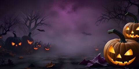 Fototapeta premium Halloween background with jack-o-lanterns and purple fog, pumpkins and jack o'lantern fog