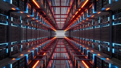 A modern server room a network of high performance servers in orderly rows black and metallic surfaces advanced technology and meticulous organization  