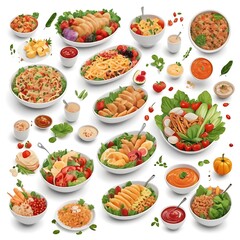 Food day decoration of meal, vegetables and fruits. Creative concept for healthy foods, fresh vegetables, fruit, with plate, food day celebration with attractive healthy food in white background