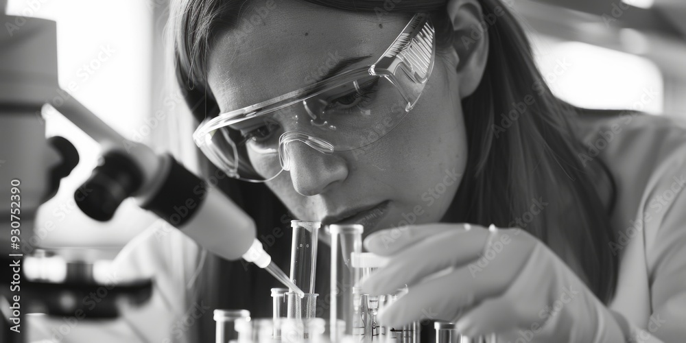 Poster a woman in a lab coat and goggles working on a scientific experiment