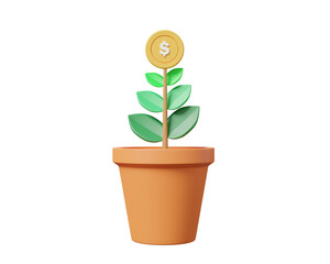 Obraz premium Pot tree growth up fund investment concept. planning deposit money saving earning profit interest of bank financial budget progress grow. 3d render illustration