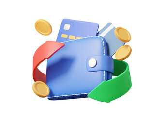 Wallet with arrow coins cashback or refund bonus discount promotion shopping online marketing sale money payments transfer on isolated background. 3d rendering illustration