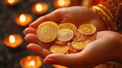 A close-up of hands holding gold coins and jewelry, reflecting the tradition of purchasing precious metals on Dhanteras, with a background of flickering diyas, with copy space
