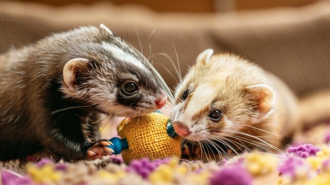 A pair of ferrets playing together with a toy, showing their playful bond