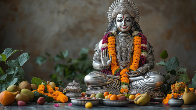 A beautifully decorated silver idol of Lord Dhanvantari (the god of medicine), with offerings of fruits and flowers placed in front, with copy space