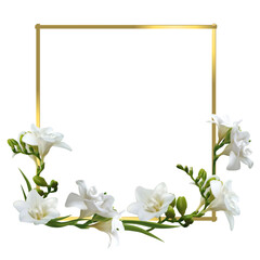 Tropical flowers. White freesia. Square gold frame decorated with flowers. Floral background.
