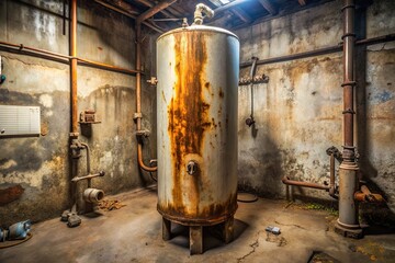 Rusty, worn-out old water heater with visible signs of corrosion and decay, situated in a dimly lit, cluttered basement or utility room.