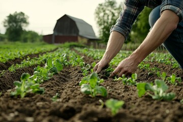Fototapeta premium Hands of a farmer carefully tending to young vegetable plants in rows with a red barn in the background
