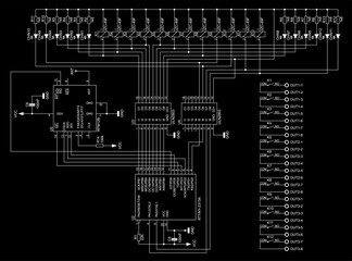 Connection of keyboard, led, com port, relay to 
the microcontroller. Vector electrical
schematic diagram of device of data input. 
Electric background.
Pattern of electronic components, conductors.