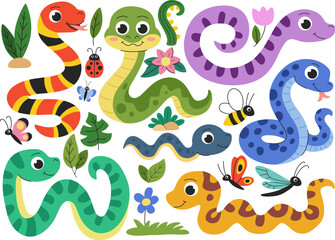 Children cute snakes set. Snakes, insects and flowers collection.