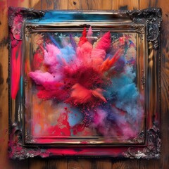 Bright splashes of paint on a black background with a frame and a cloud of colored dust.