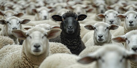 one black sheep standing among herd of white sheep
